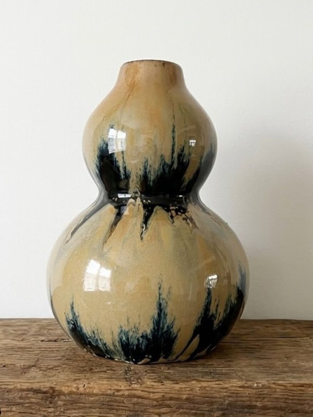 Vintage Studio Art Pottery Double Gourd Vase 12.5" Large Drip Glaze Tan Blue